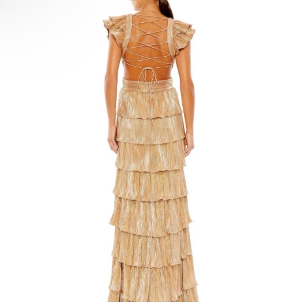 Mac Duggal 26740 Gold Ruffle Tiered Corset Back Lace Up Gown Maxi Dress Size 12 - Picture 4 of 8